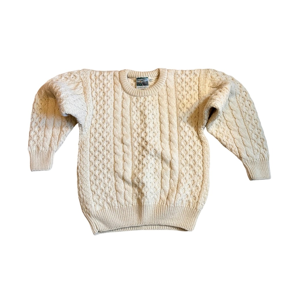 Gaeltarra Irish Wool Sweater Cream Cable Knit Fisherman Made in Ireland XS